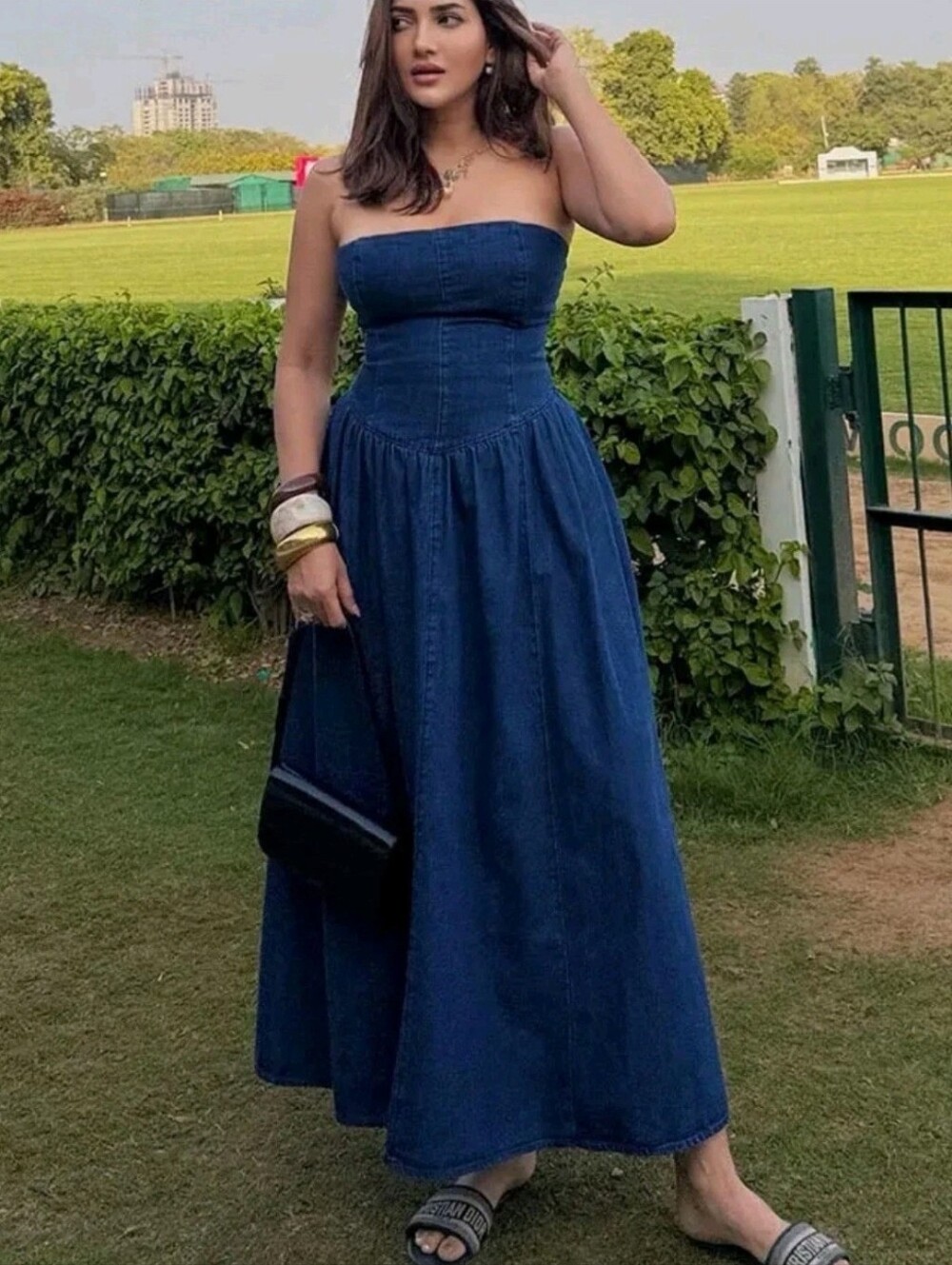 Zara TRF Denim Strapless Midi Dress